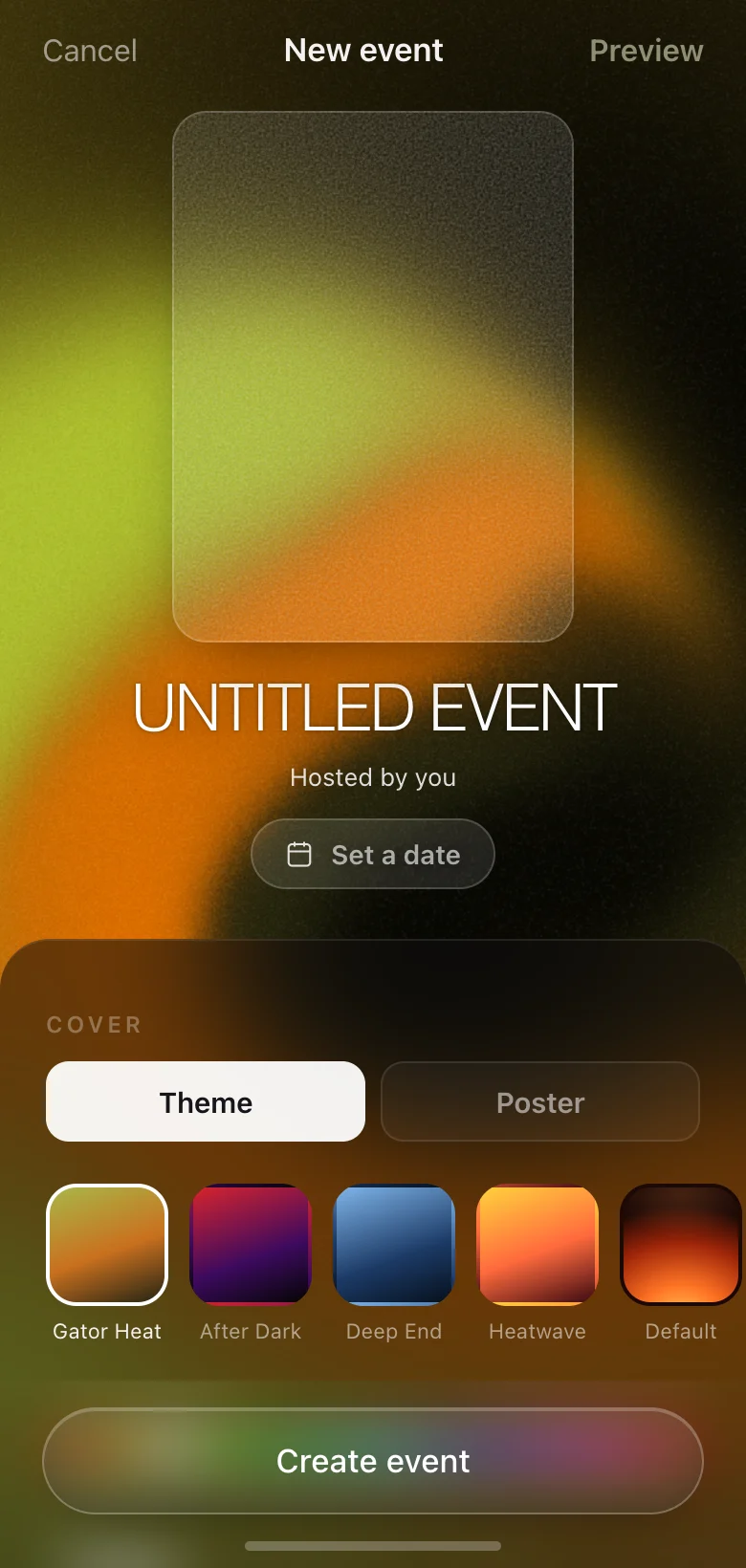 The Bulletin event maker: a new event with the Gator Heat theme selected